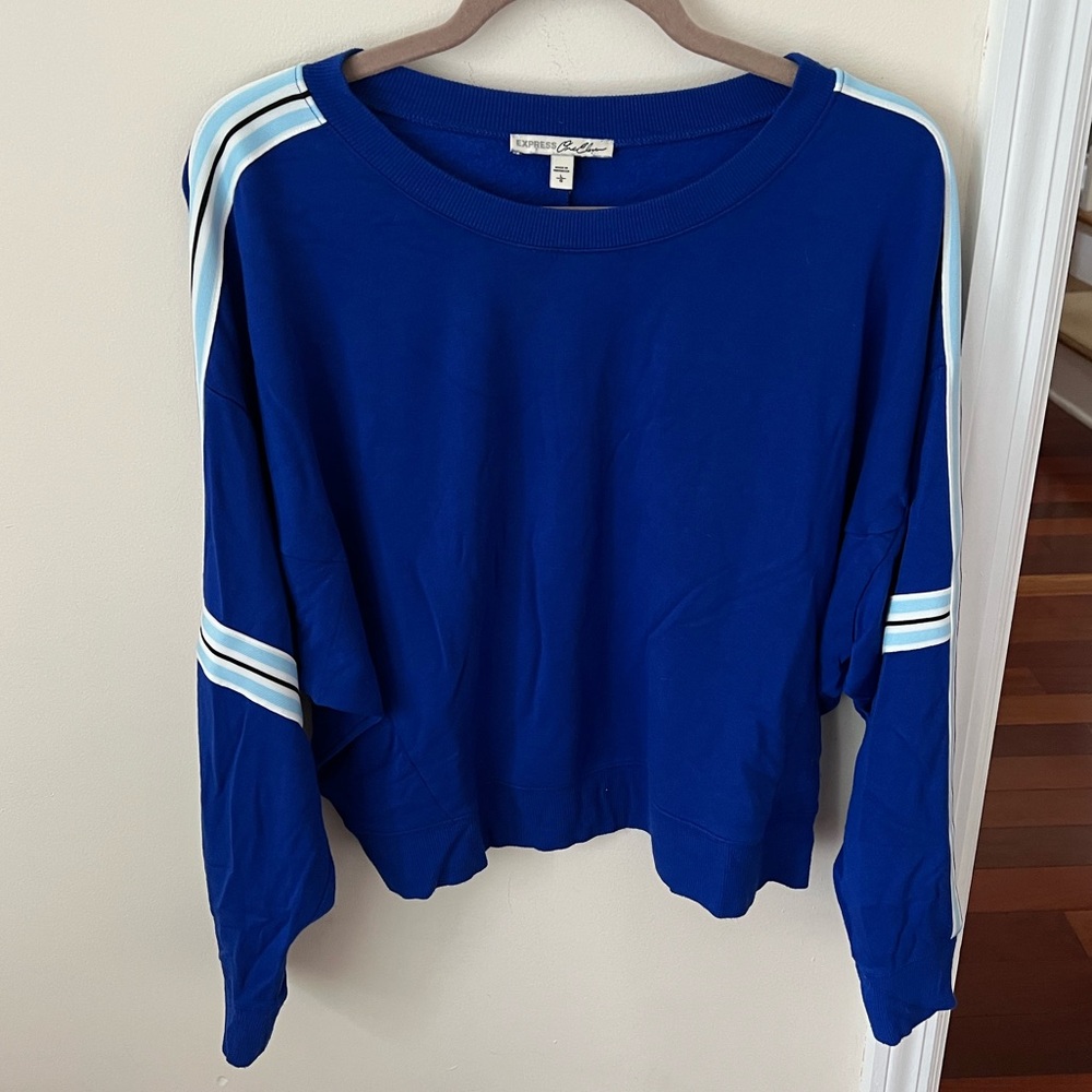 Women’s Cobalt Blue Stripe Sleeve Express One Eleven Pullover Fitted Sweatshirt